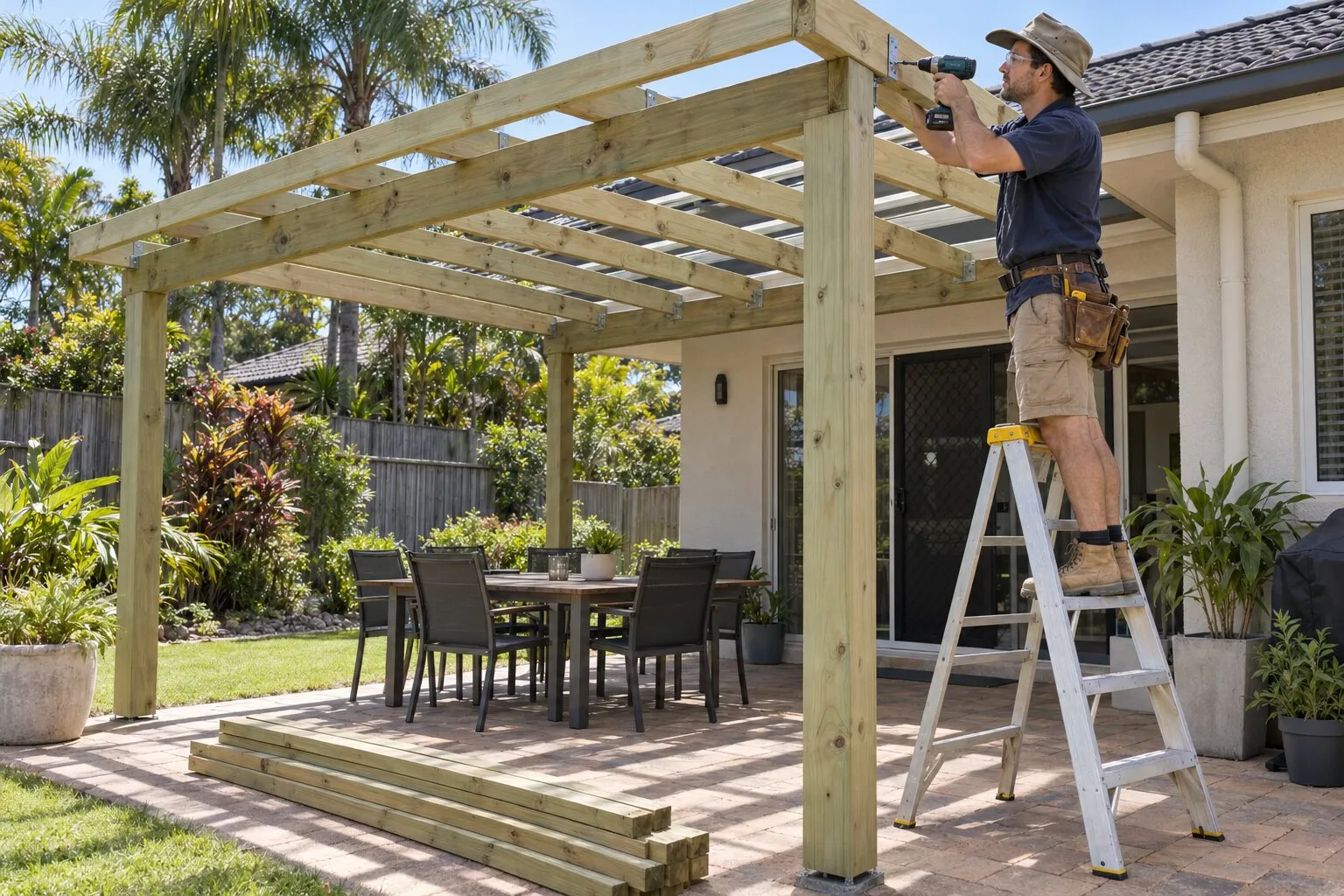 Timber pergola, Brisbane: carpenter on a step ladder fixing a rafter to a freestanding pergola over a paved patio